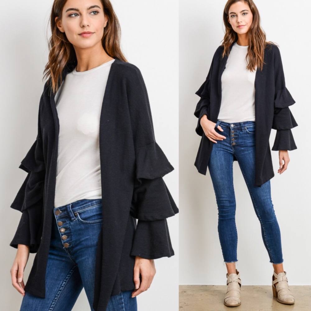 100%Cotton Cardigan Open Long Tiered Ruffle Sleeve